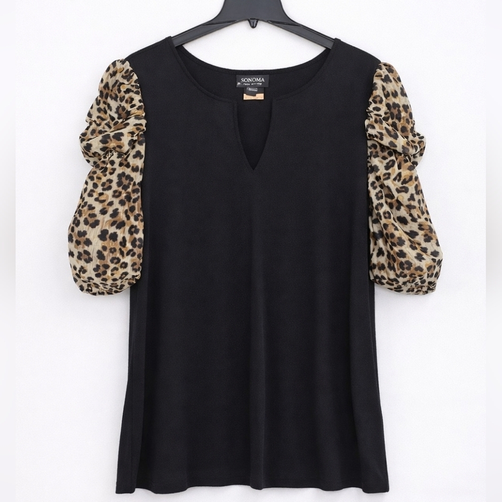 Madison Paris New York Blouse 2X Sheer Cheetah Sleeves Gold Clasp Keyhole